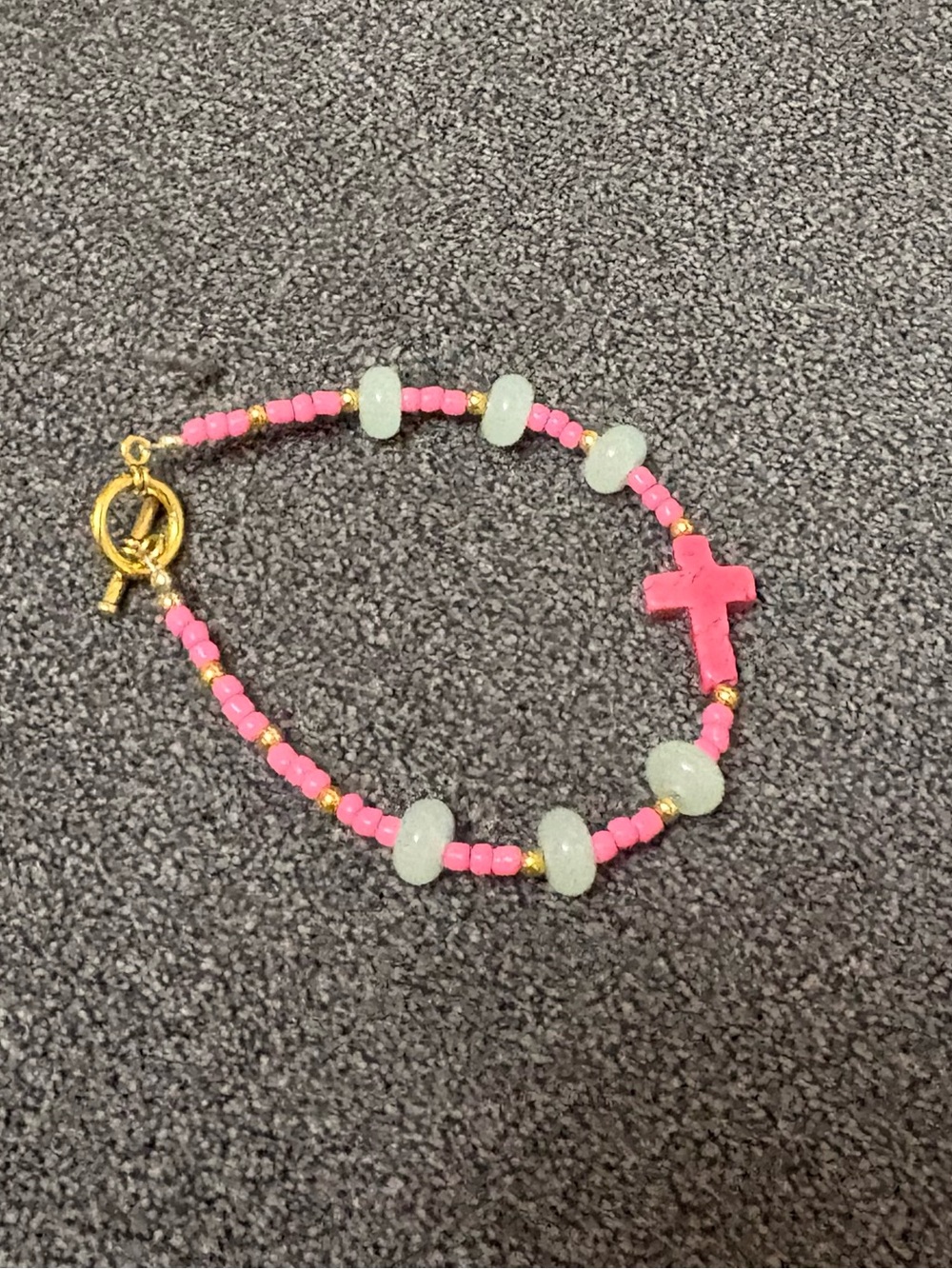 Pink Beaded Cross Toggle Clasp Bracelet